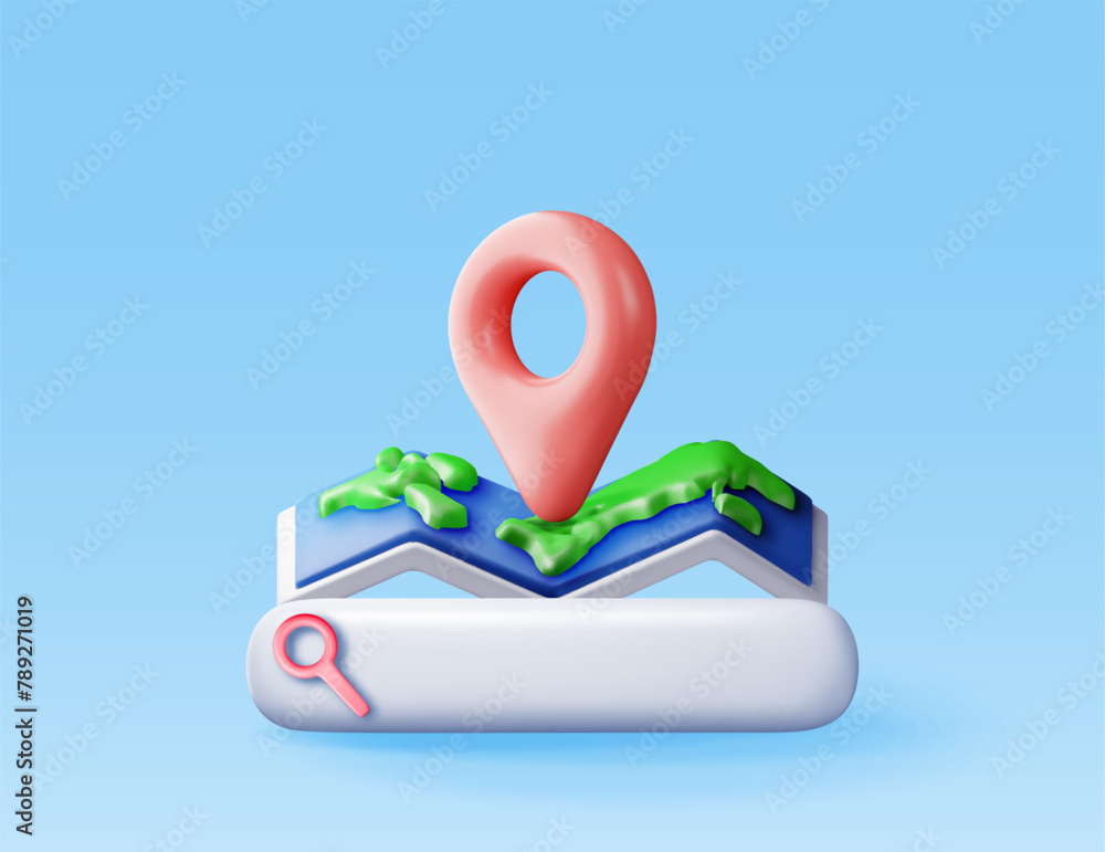 Poster 3d location folded paper map, search bar and pin isolated. red gps pointer marker icon. render gps a