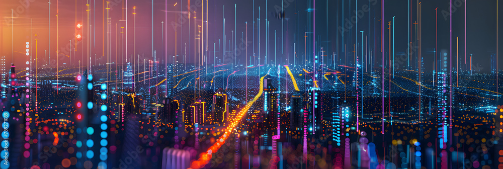 Poster smart city and abstract dot point connect with gradient line and aesthetic intricate wave line desig