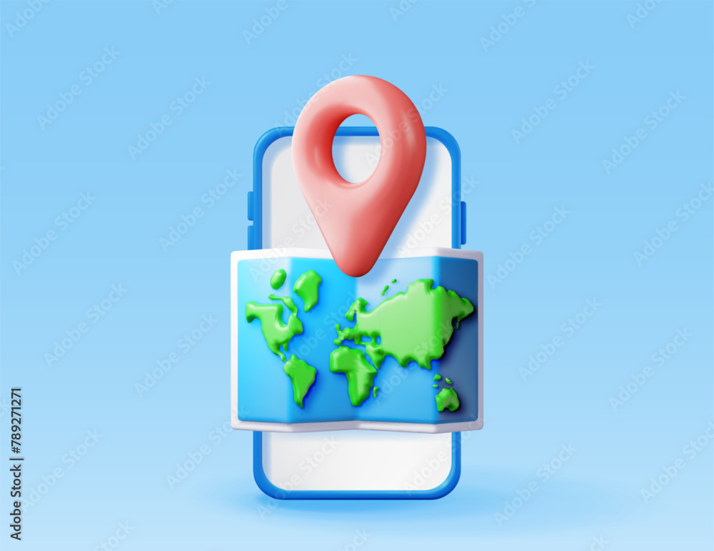 Poster 3d location world map and pin in smartphone isolated. render gps pointer marker icon. gps and naviga