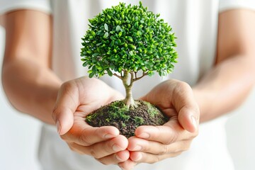 Hands hold green tree Supporting sustainability on Earth Day AI Image