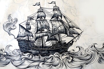 : A lively pirate ship sailing on the high seas, inked with bold, swashbuckling lines