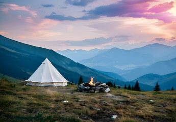 A big white camping tent with camping gears in a green grass with mountains and blue sky with white clouds in the background. Taken during golden hour