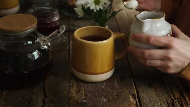 Tea party. Female hands pour sugar into tea mug and stirs It.