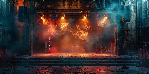 Fototapeta premium Empty concert stage with illuminated spotlights and smoke. Stage background , white spotlight and smoke 