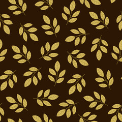 Monochrome gold leafy branches seamless pattern. Hand drawn yellow leaves scattered on white background. Botanical allover raster print