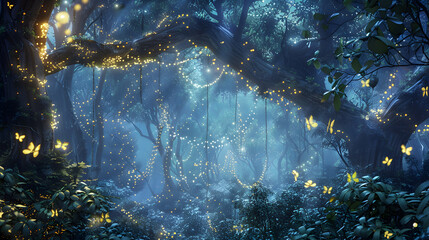 Surreal Forest Of Swirling Vines And Shimmering Leaves, Bathed In The Ethereal Glow Of A Thousand Fireflies Dancing In The Moonlight
