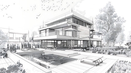 Sketch of building design of modern family house, architectural plan, black and white sketch