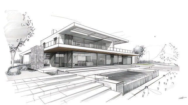 sketch of beach house, Sketch of building design of modern family house, architectural plan, black and white sketch