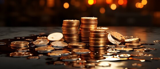 Realistic 3D scene of minimalist coins melting under intense heat, economic meltdown,