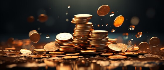 Realistic 3D falling stack of coins, rapid financial loss depiction,