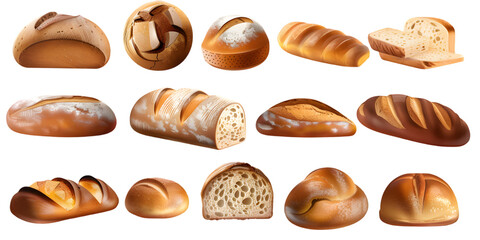 Collection of artisan bread loaves, isolated on transparent background 