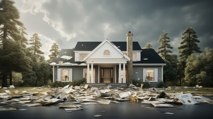Realistic 3D foreclosed home in a minimalist style, highlighting debt issues, - obrazy, fototapety, plakaty
