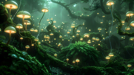 Fototapeta na wymiar Surreal Forest Of Twisted Vines And Glowing Flora, Where Bioluminescent Mushrooms Cast An Otherworldly Glow Upon The Moss-Covered Ground