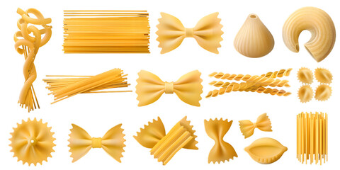 Collection of different types of pasta shapes, isolated on transparent background