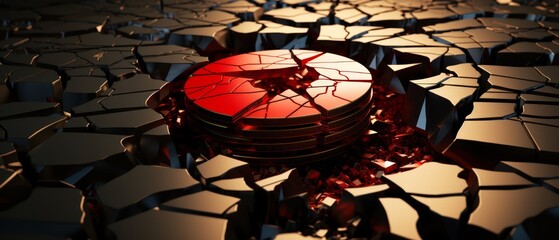 Realistic 3D illustration of cracked coin, metaphor for fragile economy,