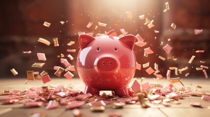 Realistic 3D minimalist depiction of a shattered piggy bank,