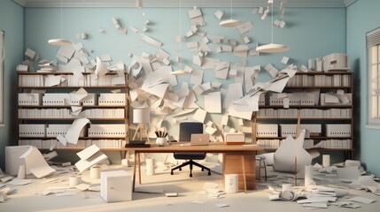 Realistic 3D minimalist office with scattered financial documents indicating bankruptcy,