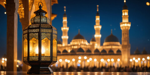Fototapeta na wymiar A mosque in the night of Ramadan. Arab lantern with a light inside in the night on background of lights and bokeh. 