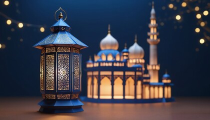 A mosque in the night of Ramadan. Arab lantern with a light inside in the night on background of lights and bokeh. 