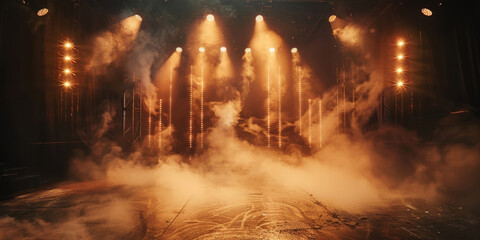 Empty concert stage with illuminated spotlights and smoke. Stage background , white spotlight and smoke	
