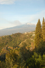 The panorama of Etna from Taormina, Sicily, Italy