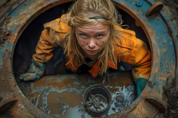 Girl peeks out of a sewer manhole. A portrait photo of a girl in work clothes on the road in a manhole. Heavy male labor, gender equality, plumber, road repair. - 789273676