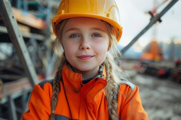 Photo portrait of a young school girl in working construction attire and a helmet. happy child on the construction site in a protective suit, introduction to professions, safety, choice. - 789273682