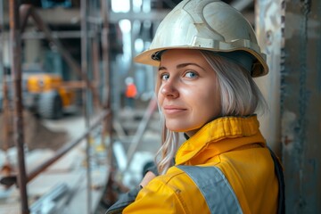 Photo portrait of a young beautiful woman in helmet, work clothes working at construction site. Engineer girl, builder, gender equality, male job for women, weaker sex, working at a construction site. - 789273683