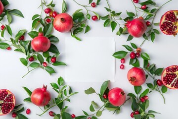 Horizontal mockup with pomegranates and free space for text in the middle. White sheet of blank paper, bright juicy pomegranate, pomegranate seeds and berries, white table, top view flat lay. - 789273687