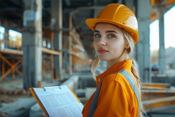 Photo portrait of a young beautiful woman in helmet, work clothes working at construction site. Engineer girl, builder, gender equality, male job for women, weaker sex, working at a construction site. - 789273689