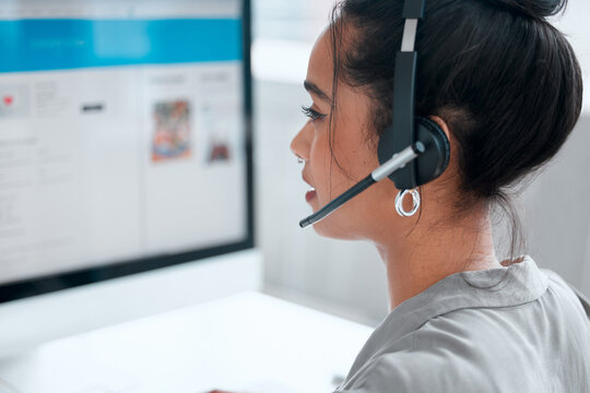Call center, computer and profile of woman consultant in office for online crm consultation or enquiries. Telemarketing, headset and female technical support or customer service agent in workplace.