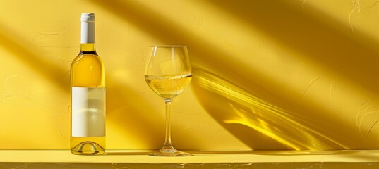 White wine bottle and glass on pastel background with ample copy space for text placement - obrazy, fototapety, plakaty