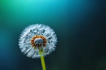 A dandelion covered in water droplets. An abstract close-up of a dandleion against a blue backdrop, designed as a serene horizontal wallpaper with ample text space.
