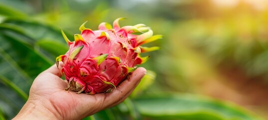 Dragon fruit selection  hand holding exotic fruit on blurred background with copy space