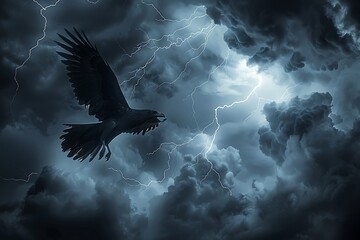 : A dramatic silhouette of a bird soaring through a stormy sky, with dark clouds and lightning illuminating the scene