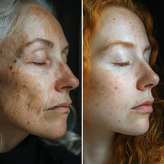 side by side comparison showcasing the remarkable improvement in a old and young caucassian woman's skin closed eyes. The photo on the left depicts her face extreme wrinkles while the photo on the rig