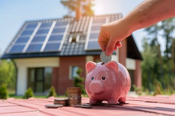 Hand puts coins into pink piggy pig against the background of house with solar panels. Conceptual photo of money saving, use of solar energy, solar-powered homes, mortgage for eco-friendly housing - 789275047