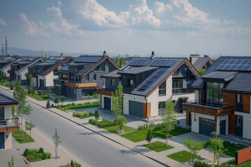 Drone view photo of urban neighborhood among private houses with solar panels on the roofs. Solar panels as eco-energy, ecology, modern architecture, mortgage, new district, urban planning, urbanism. - 789275066