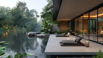 Living Room With Patio Couch by Lake