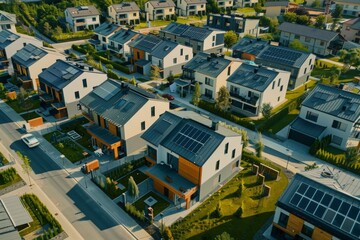 Drone view photo of urban neighborhood among private houses with solar panels on the roofs. Solar panels as eco-energy, ecology, modern architecture, mortgage, new district, urban planning, urbanism. - obrazy, fototapety, plakaty