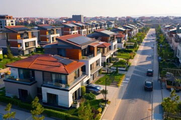 Drone view photo of urban neighborhood among private houses with solar panels on the roofs. Solar panels as eco-energy, ecology, modern architecture, mortgage, new district, urban planning, urbanism. - 789275083