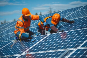 Men workers installing solar panels on the roof. Photoof men in bright construction clothing fixing solar panels. The concept of energy conservation, ecology, heating, repairing the roof. - 789275086