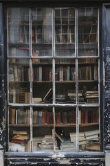 Vintage Bookshelf Behind Weathered Window