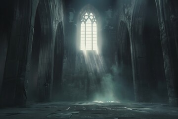 : A dramatic scene of a dark, foreboding castle, with a single beacon of light shining from a high...
