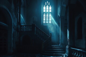 : A dramatic scene of a dark, foreboding castle, with a single beacon of light shining from a high window