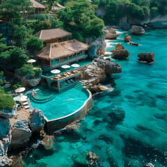 Aerial view of the limestone beach at Rim blond in Nhigh bush and white sand, luxury hotel with pool