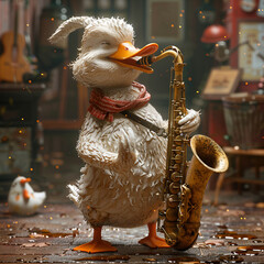 A duck trying to play a saxophone, but only producing quacks instead of notes.