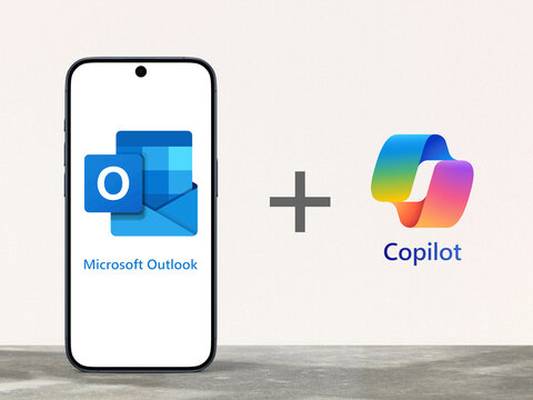 Microsoft Outlook Logo is displayed on a modern smartphone, Copilot next to it, artificial intelligence, support, integration, email, functions as calendaring, task managing, notes