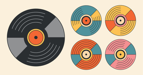 Set of bright colored old music vinyl record of different colors in retro flat groovy style, element for logo, poster, disco 60s, 70s, 80s, 90s. Vector illustration eps10 © Iulia