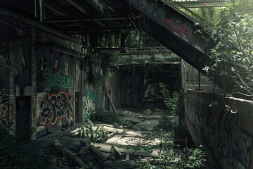 : A desolate, abandoned city, with graffiti and vandalism everywhere - obrazy, fototapety, plakaty